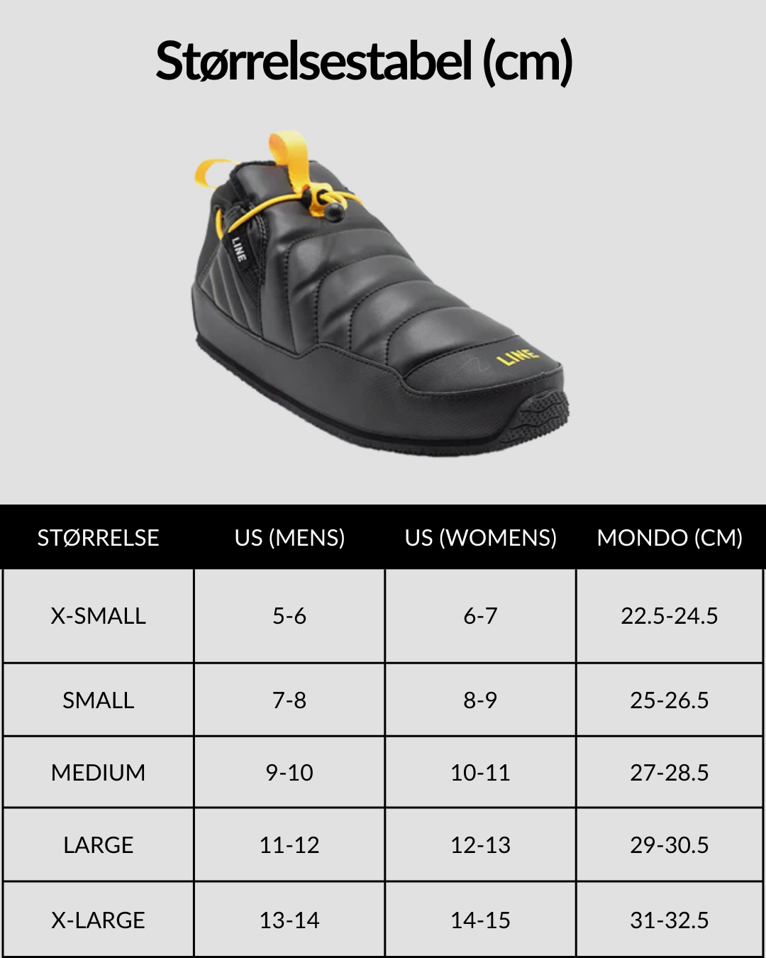 Line Bootie 1.0 i sort med størrelsesguide med grafik