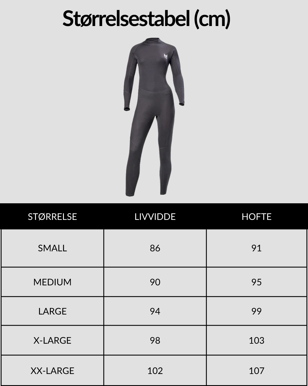 Massive Lang Våddragt til dame størrelsesguide med grafik