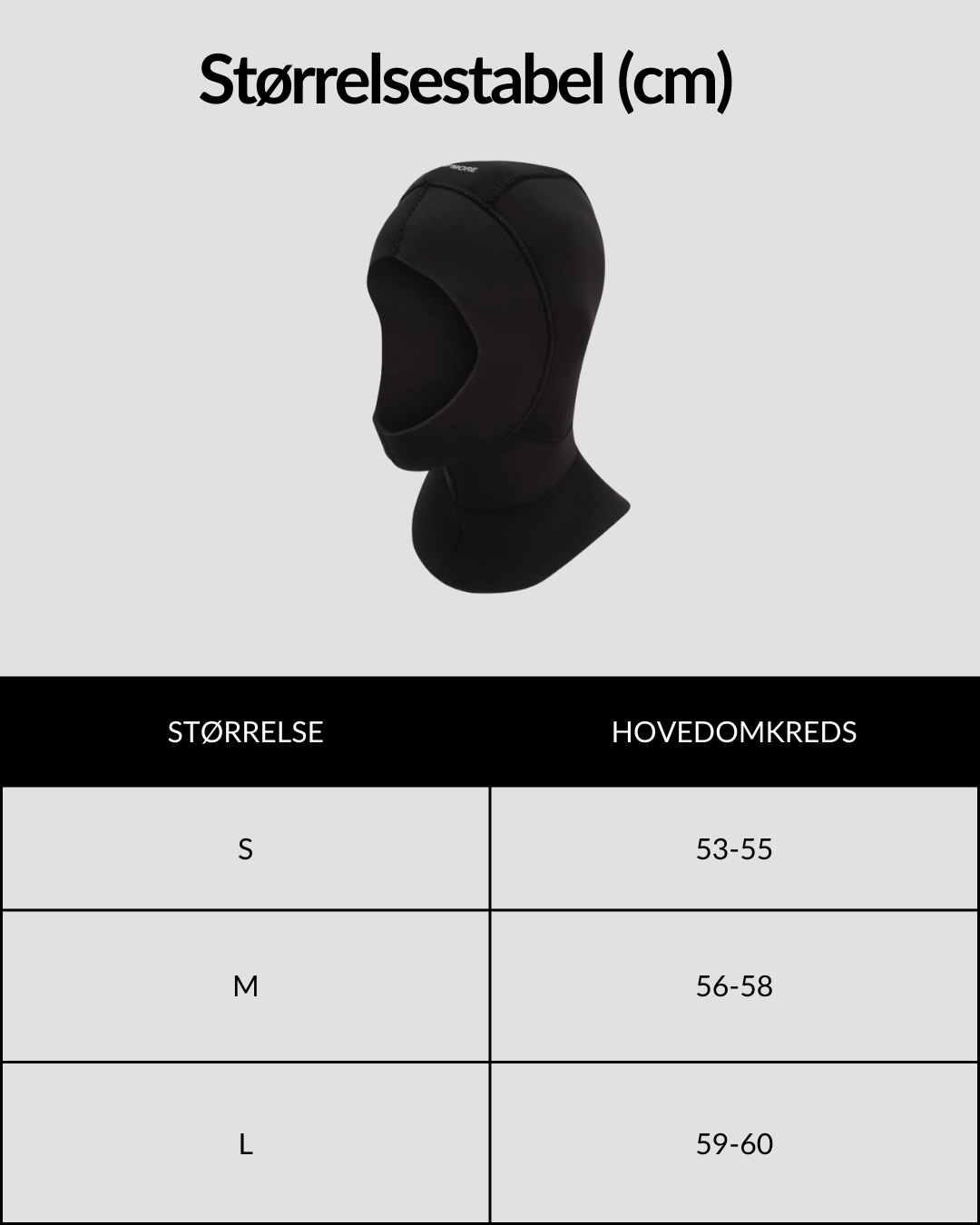 SURFMORE Neopren Hætte (3mm) i sort med størrelsesguide
