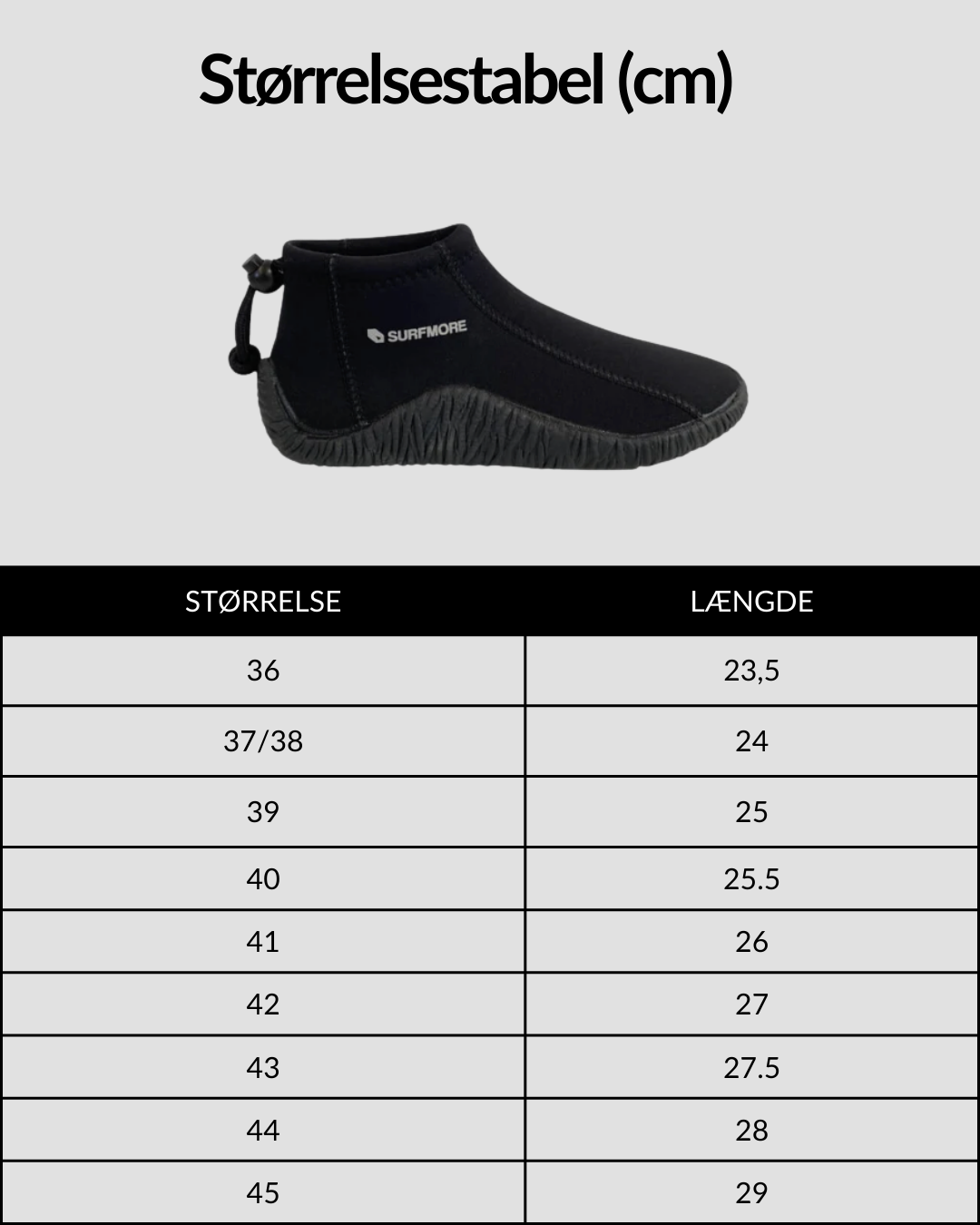 SURFMORE Neopren Sko (3 mm) i sort med størrelsesguide
