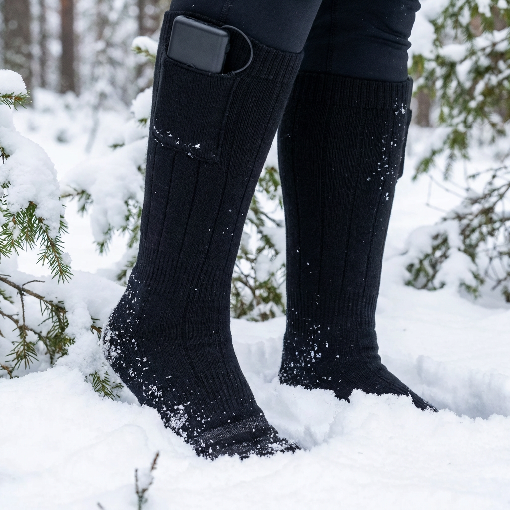 Varmesokker i sort ude i sneen