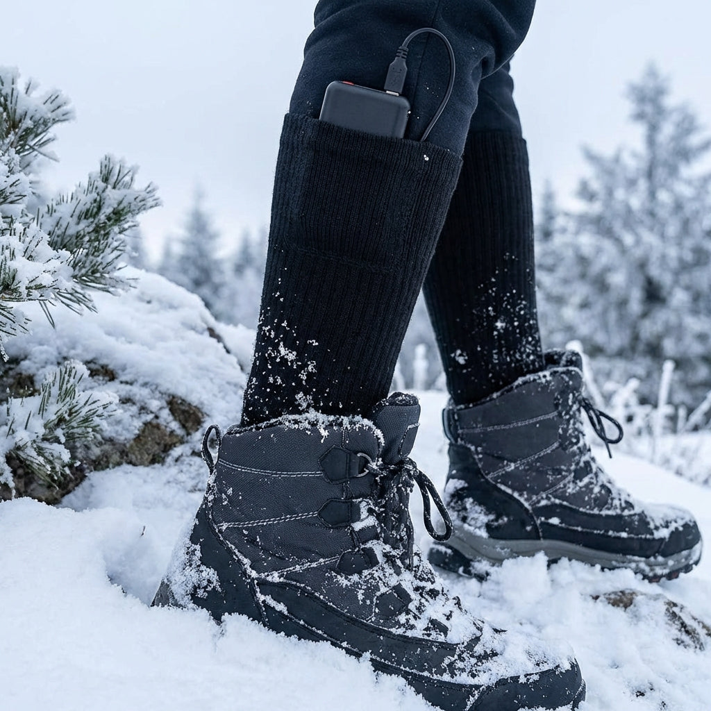 Varmesokker i sort ude i sneen
