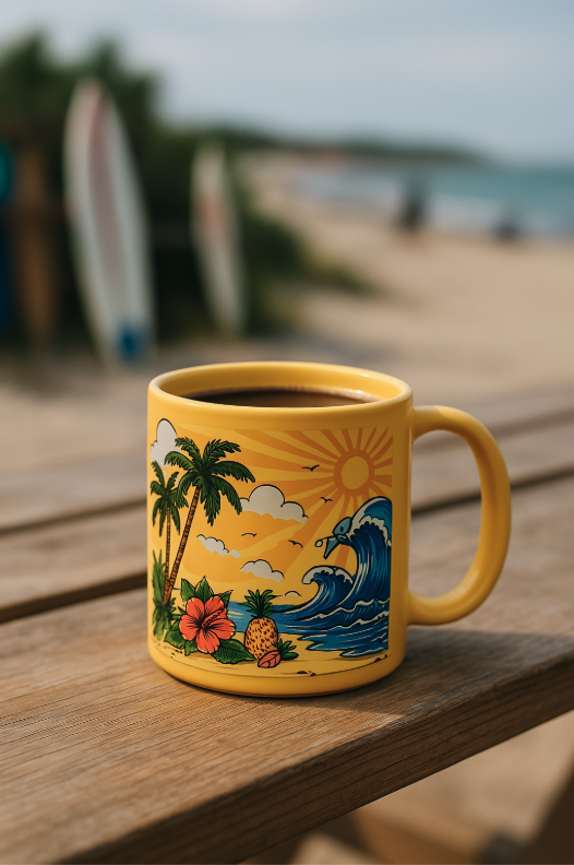 SURFMORE Hula Kop med kaffe i på et board med surf boards og strand i baggrunden
