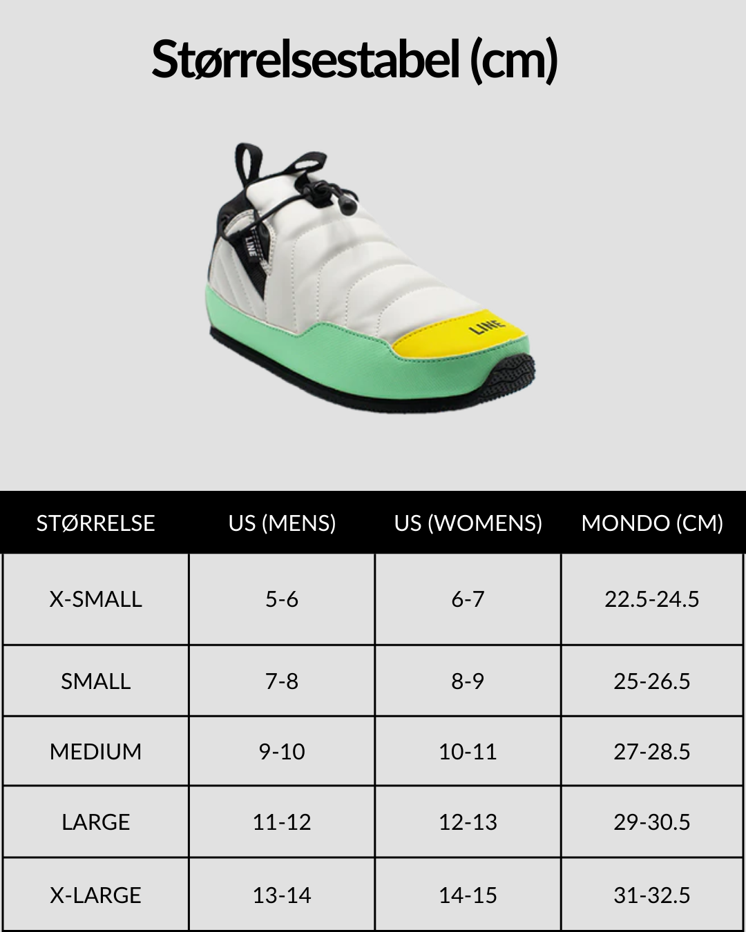 Line Bootie 1.0 i retro med størrelsesguide med grafik