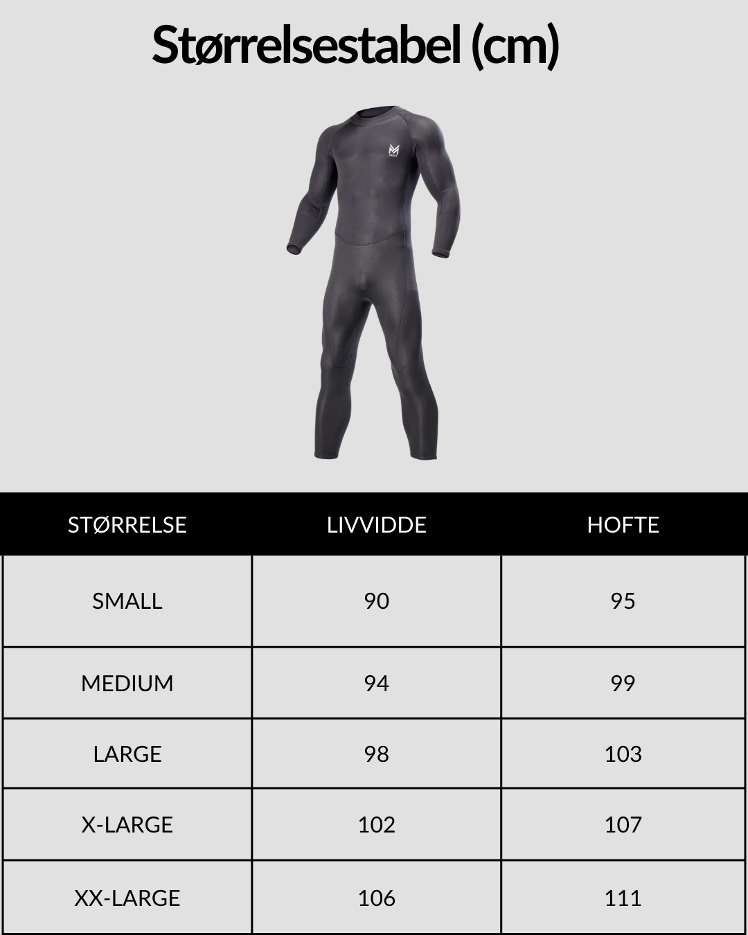 Massive Lang Våddragt til herre størrelsesguide med grafik