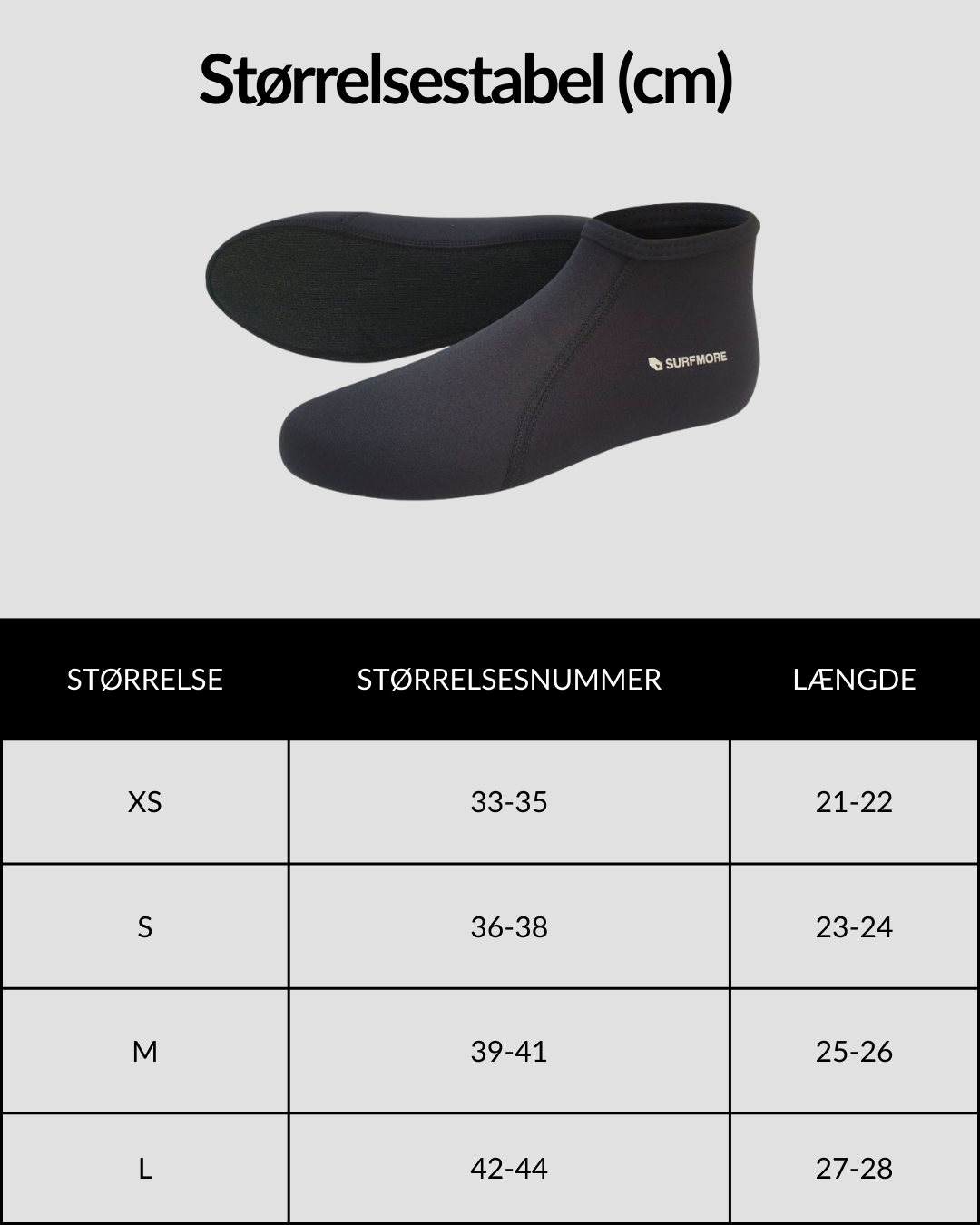 SURFMORE Neopren Sokker (3mm) i sort med størrelsesguide