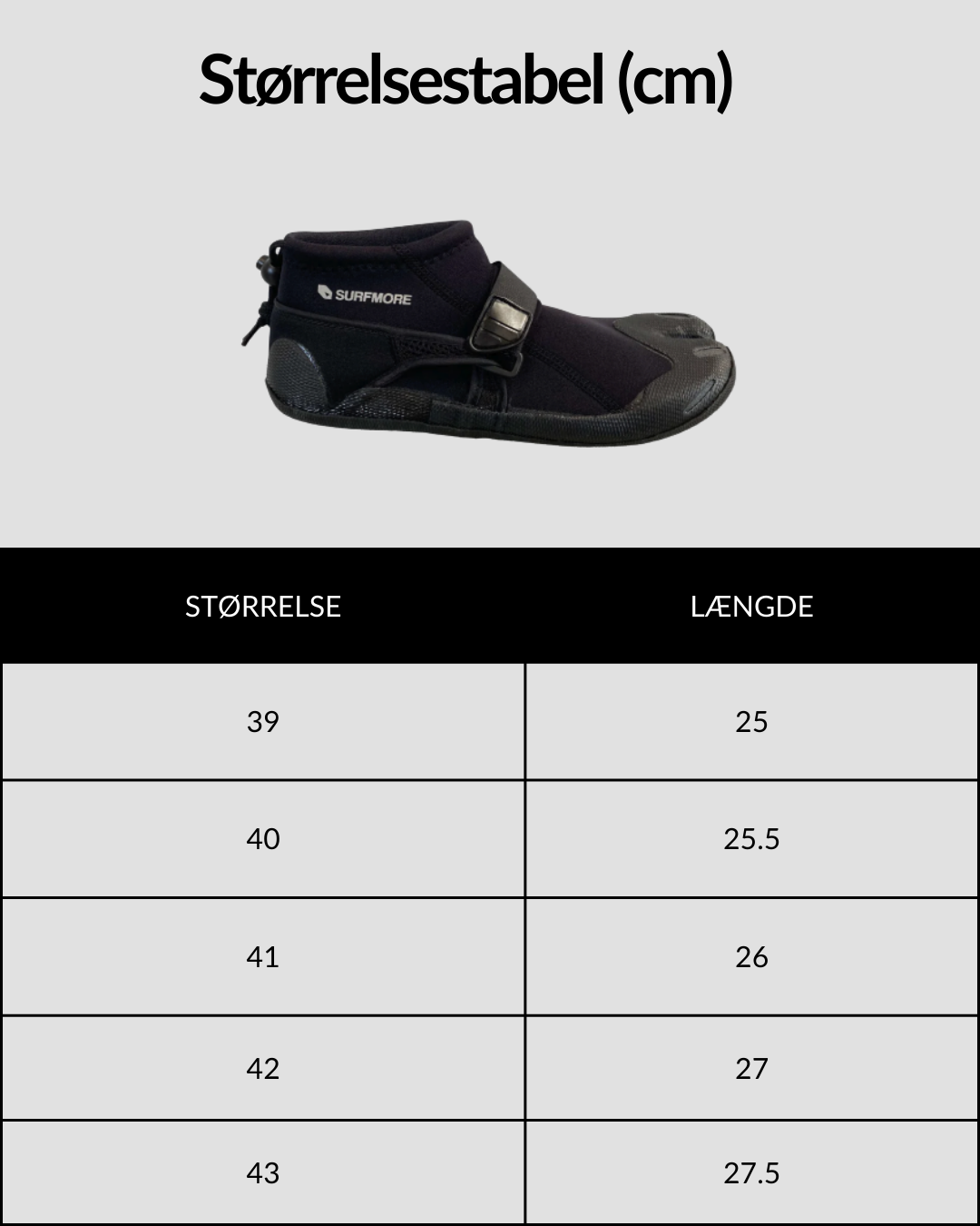 SURFMORE Split-Toe Neopren Sko (2 mm) i sort med størrelsesguide