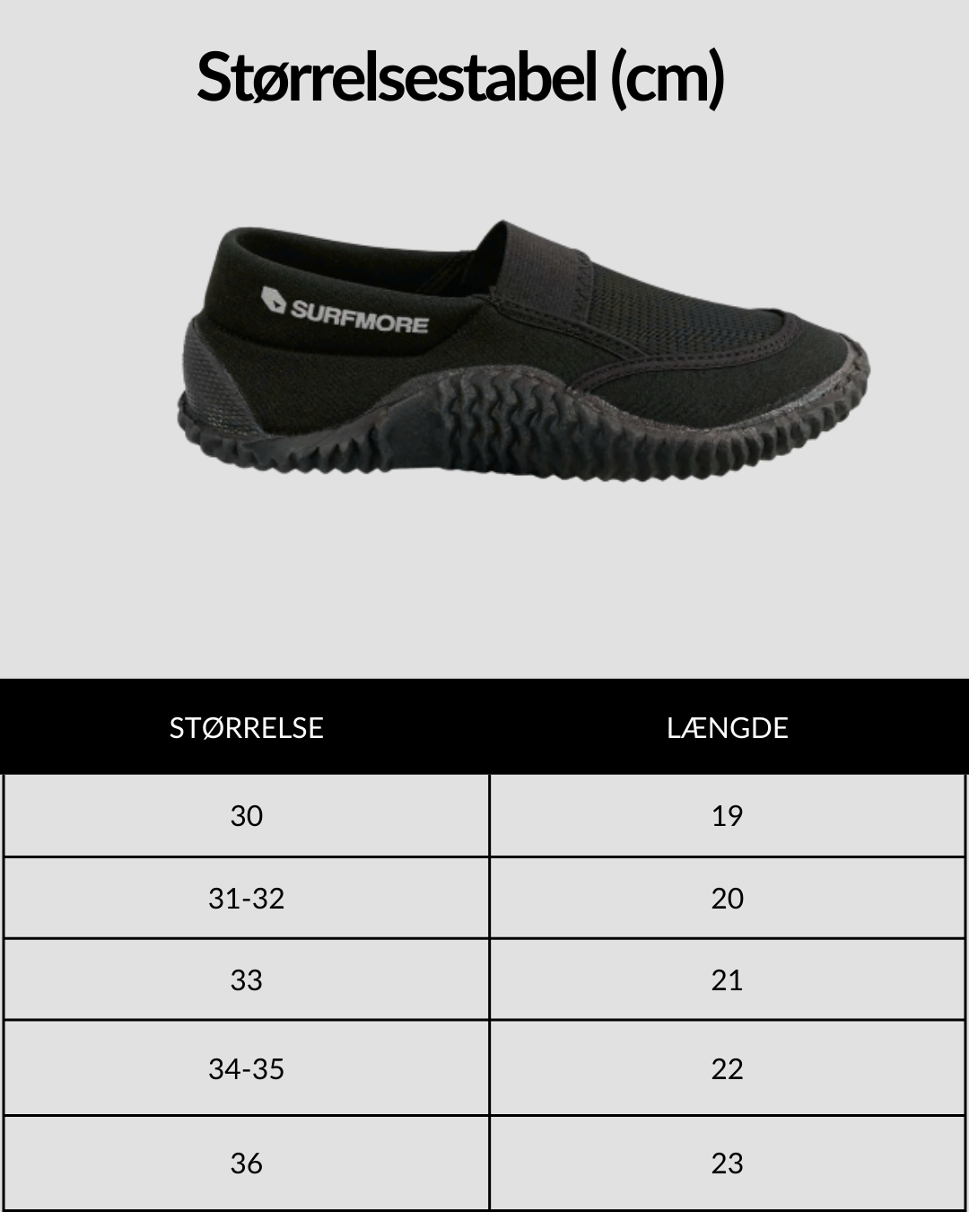 SURFMORE neopren sko til børn (2mm) i Sort med størrelsesguide