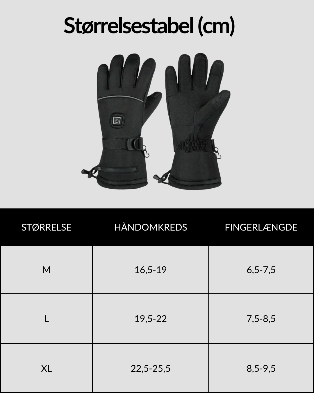 SnowRider HeatGloves 5000 i Genopladelige varmehandsker med størrelsesguide