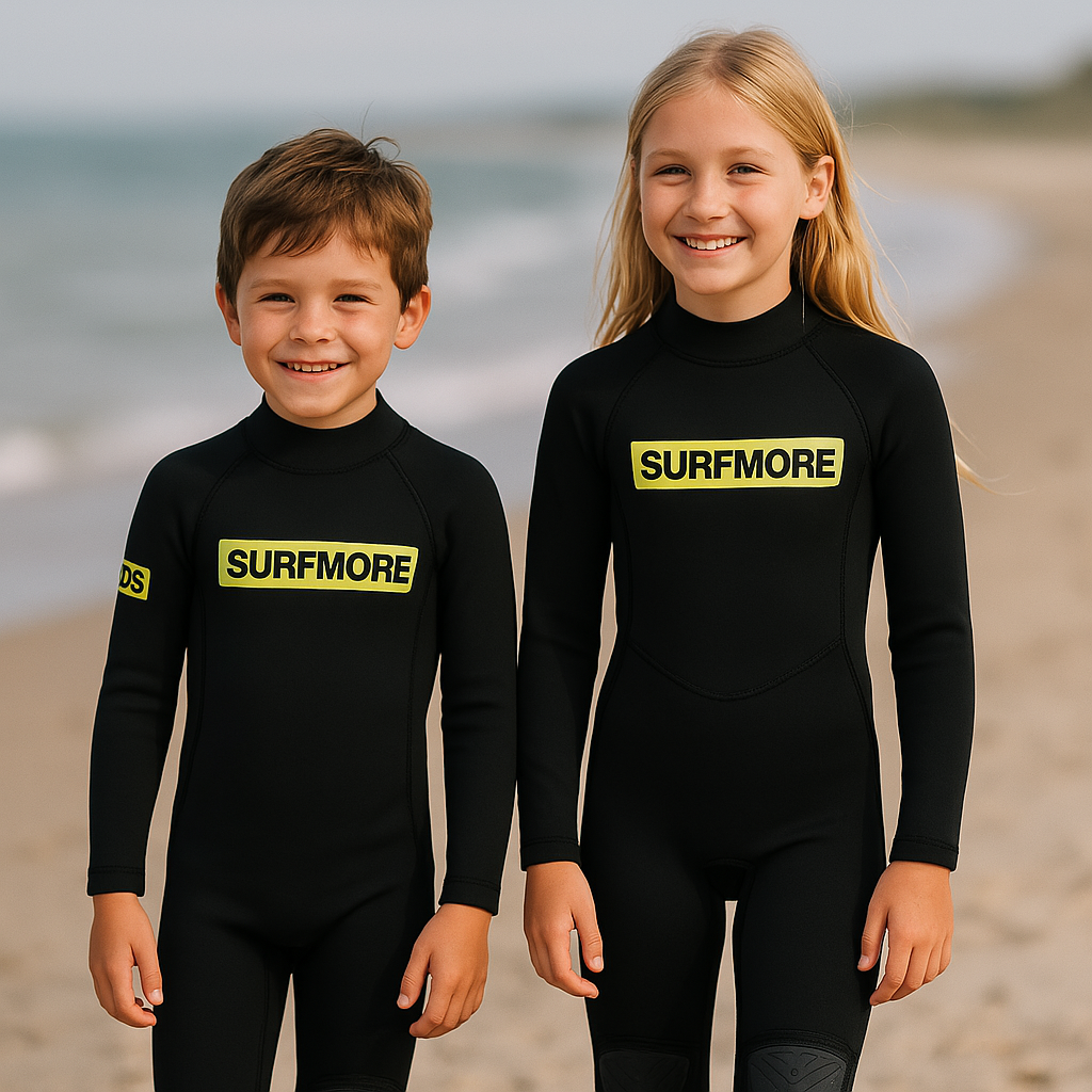Smilende dreng og pige på dansk strand iført sort SURFMORE våddragt til børn i 2.5 mm neopren med SURFMORE logo på brystet