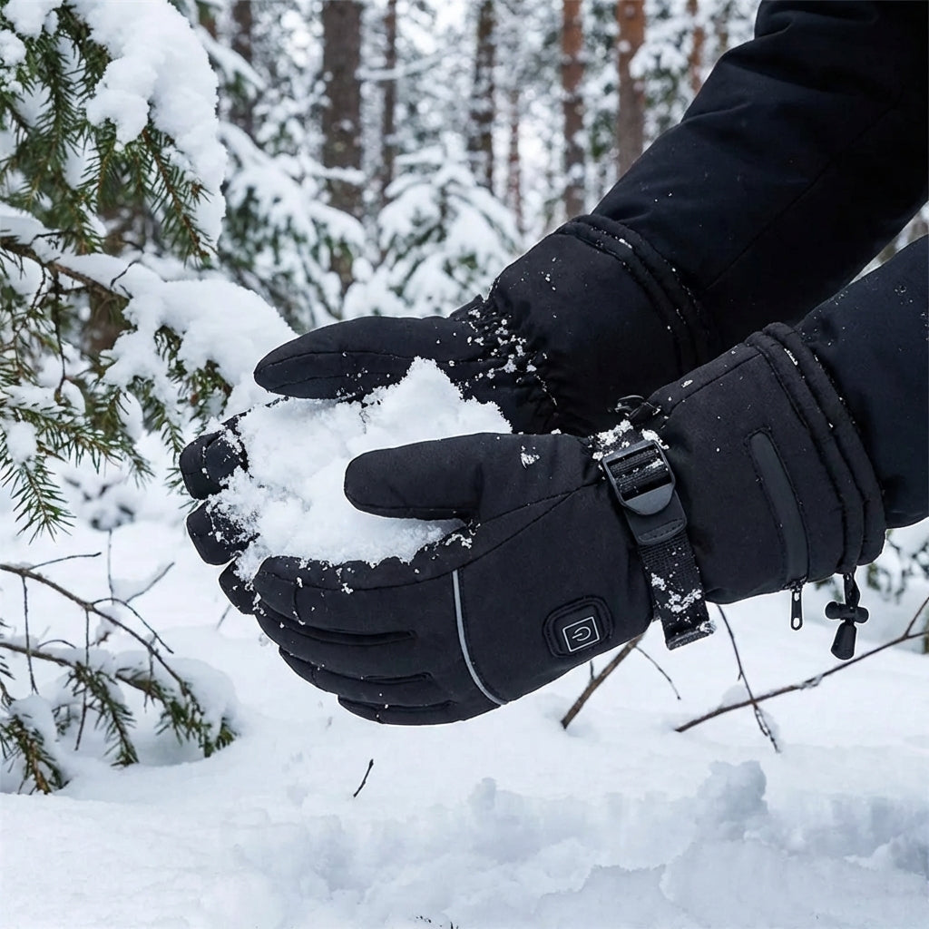 Varmehandsker i sort ude i sneen
