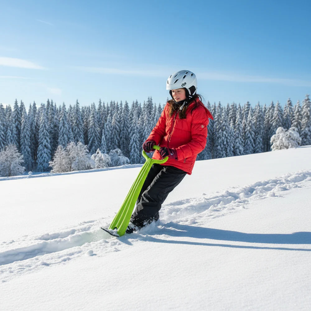 pige staar paa snowrider snowboard kaelk med haandtag i groen