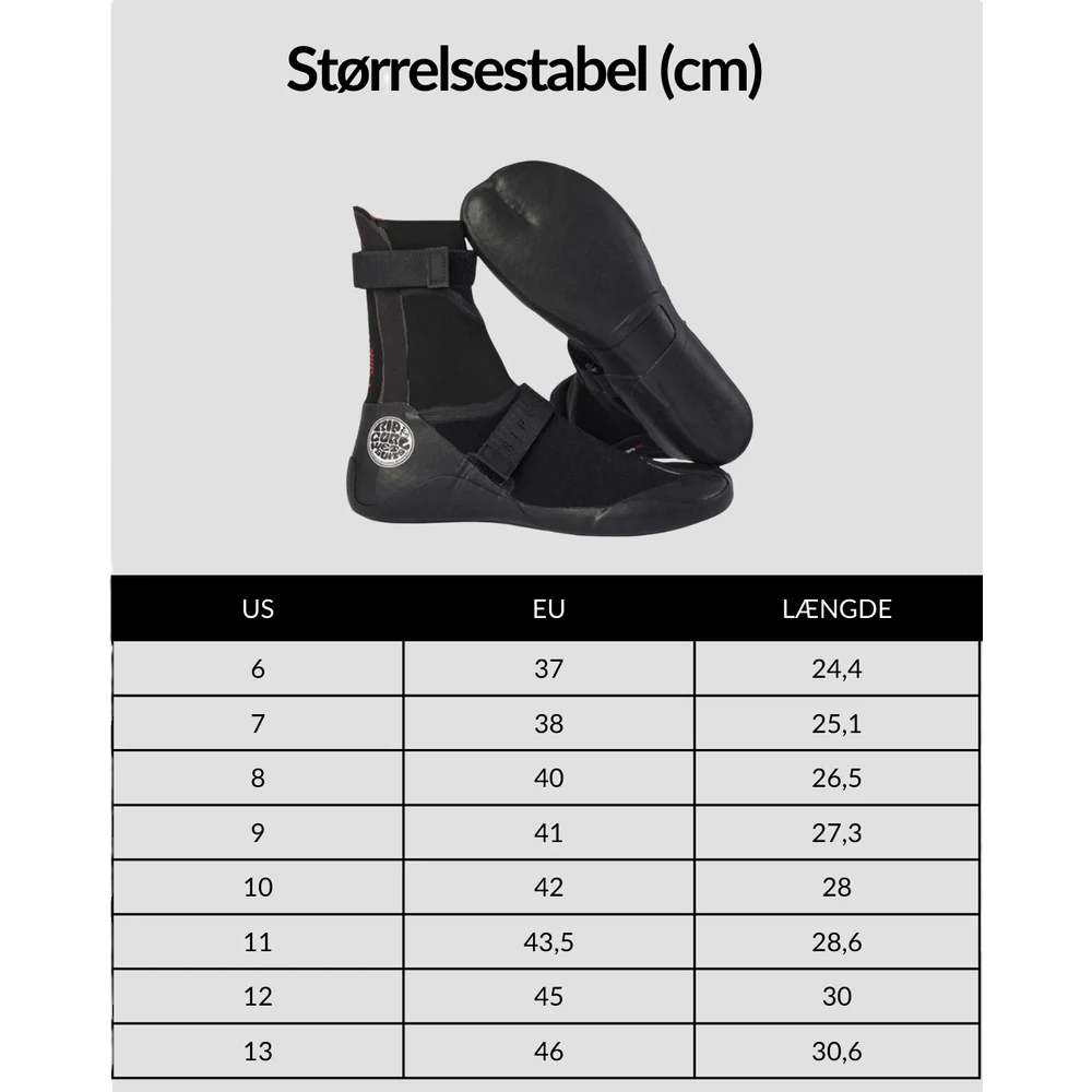 Rip Curl Flashbomb Round Toe Neopren Sko (5 mm) med størrelsesguide