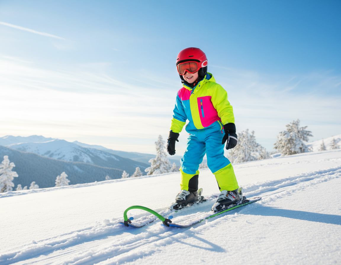 Barn står på ski med SnowRider SkiLink Ski Tip Samler i grøn