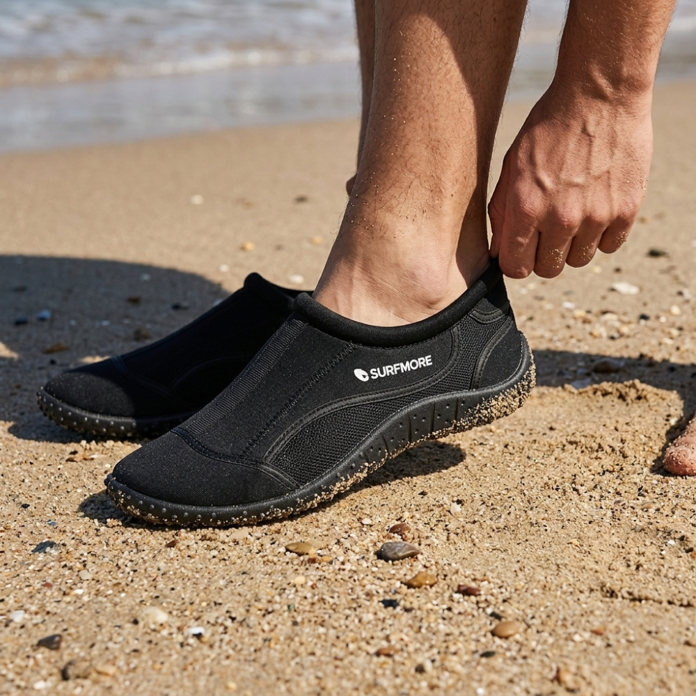 SURFMORE Neopren Badesko i 2 mm i sort på stranden